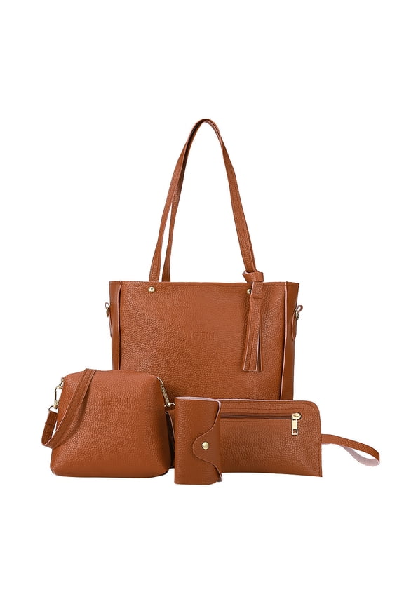 4Pcs Women Fashion Handbags Set Makeup Pouch Wallet Tote Shoulder Top Handle Satchel Purse Brown