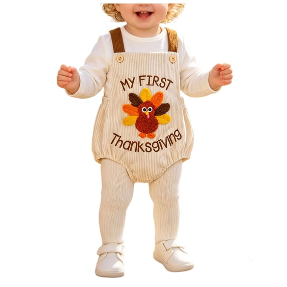 Faraee Baby Boy Girl My 1st Thanksgiving Outfit Sleeveless Turkey Bubble Romper Overalls Embroidered Waffle Newborn Bodysuit Clothes 0 3 6 9 12 18 Months