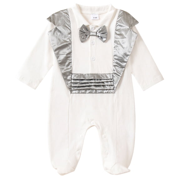 Faraee Baby Boys Gentleman Romper Button Down One-Piece Outfit Infant Cotton Tuxedo Jumpsuit Newborn Long Sleeve Clothes 0 3 6 12 Months Grey
