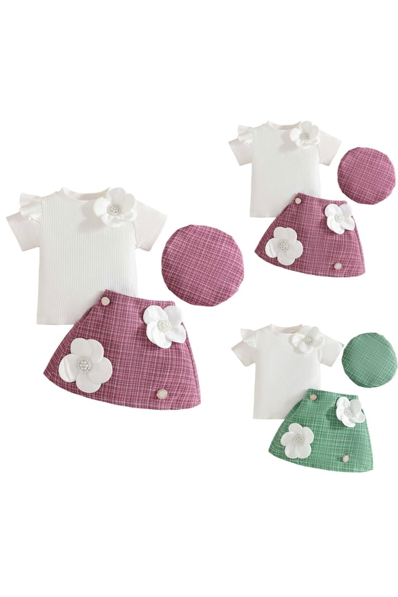 Baby Girl 3 Piece Outfit Ribbed Ruffle Sleeve Top Plaid 3D Flower Skirt Matching Beret Set Spring Summer Fashion Casual Wear Green 18-24 Months