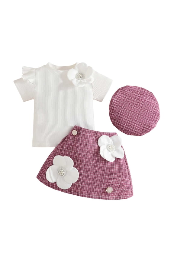 Baby Girl 3 Piece Outfit Ribbed Ruffle Sleeve Top Plaid 3D Flower Skirt Matching Beret Set Spring Summer Fashion Casual Wear Purple 9-12 Months