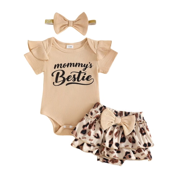 Faraee Baby Girl Clothes Newborn Infant Summer Outfits Short Ruffle Sleeve Romper Leopard Print Skirt Cute Bow Headband Set Khaki 6-9 Months