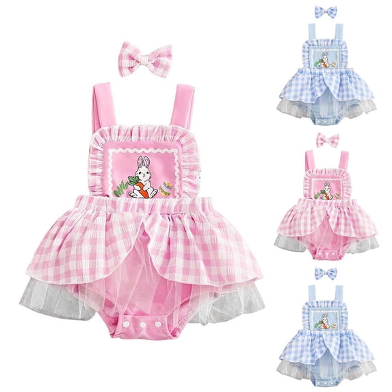 Faraee Baby Girl Clothes Newborn Plaid Romper Dress Infant Lace Ruffle Sleeveless Summer Outfits Jumpsuit with Headband 0 3 6 12 18 Months Blue