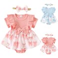 thumbnail image 1 of Faraee Baby Girl Clothes Newborn Ribbed Romper Dress Ruffle Short Sleeve Bodysuit Infant Bowknot Summer Outfit with Headband Pink 6-12 Months, 1 of 5