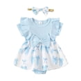 thumbnail image 1 of Faraee Baby Girl Clothes Newborn Ribbed Romper Dress Ruffle Short Sleeve Bodysuit Infant Bowknot Summer Outfit with Headband Sky Blue 12-18 Months, 1 of 6