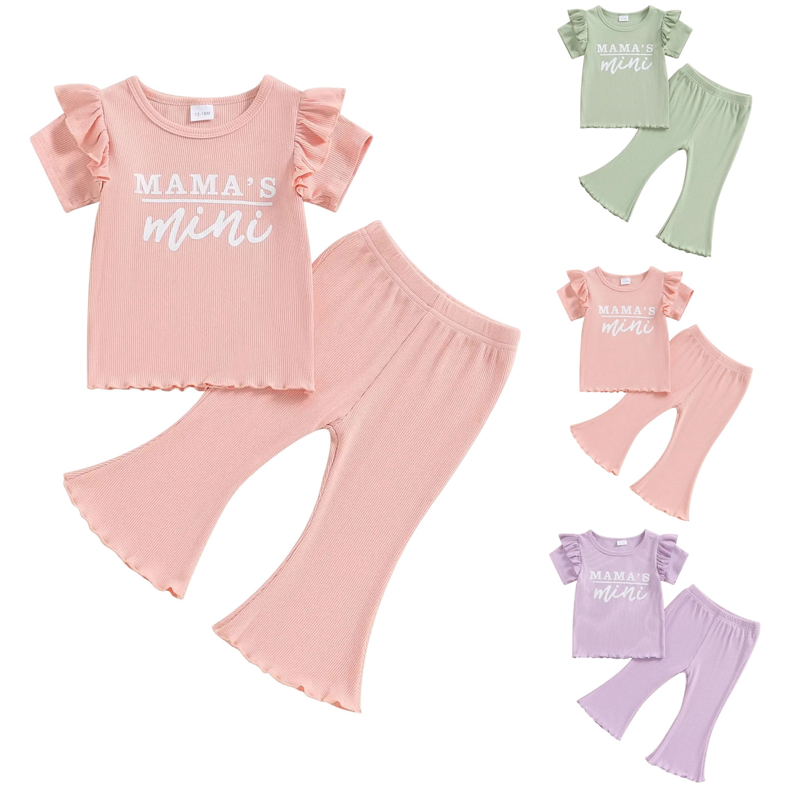 Faraee Baby Girl Clothes Summer Knit Ruffle Short Sleeve T-Shirt Tee Flare Pants Set 2Pcs Toddler Bell-Bottoms Outfits 12 18 24 Months 2t 3t 4t 5t Green