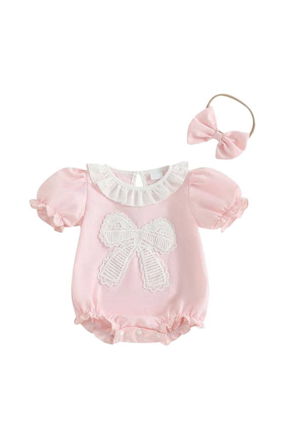 Baby Girl Lace Bow Romper Satin Ruffle Collar Bubble Sleeve Onesie with Headband Newborn 2 Piece Bodysuit Outfit Pink 3-6 Months