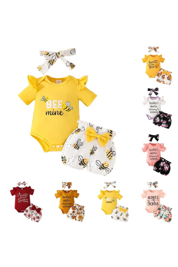Baby Girl Summer Clothes 3 6 9 12 18 24 Months Cute Outfits Ruffle Short Sleeve Romper Tops Floral Shorts Set + Headband 6-9 M,Gold
