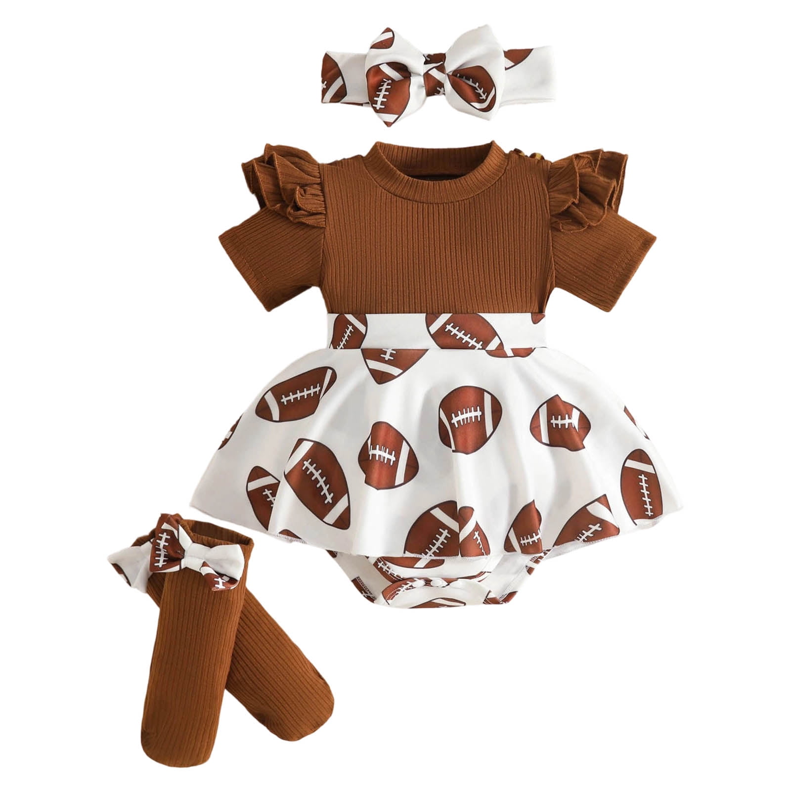 Faraee Baby Girl Summer Clothes Ruffle Romper Short Sleeve Bodysuit Bow Hairband Socks Newborn Infant Cute Outfits (3-6M,Coffee)