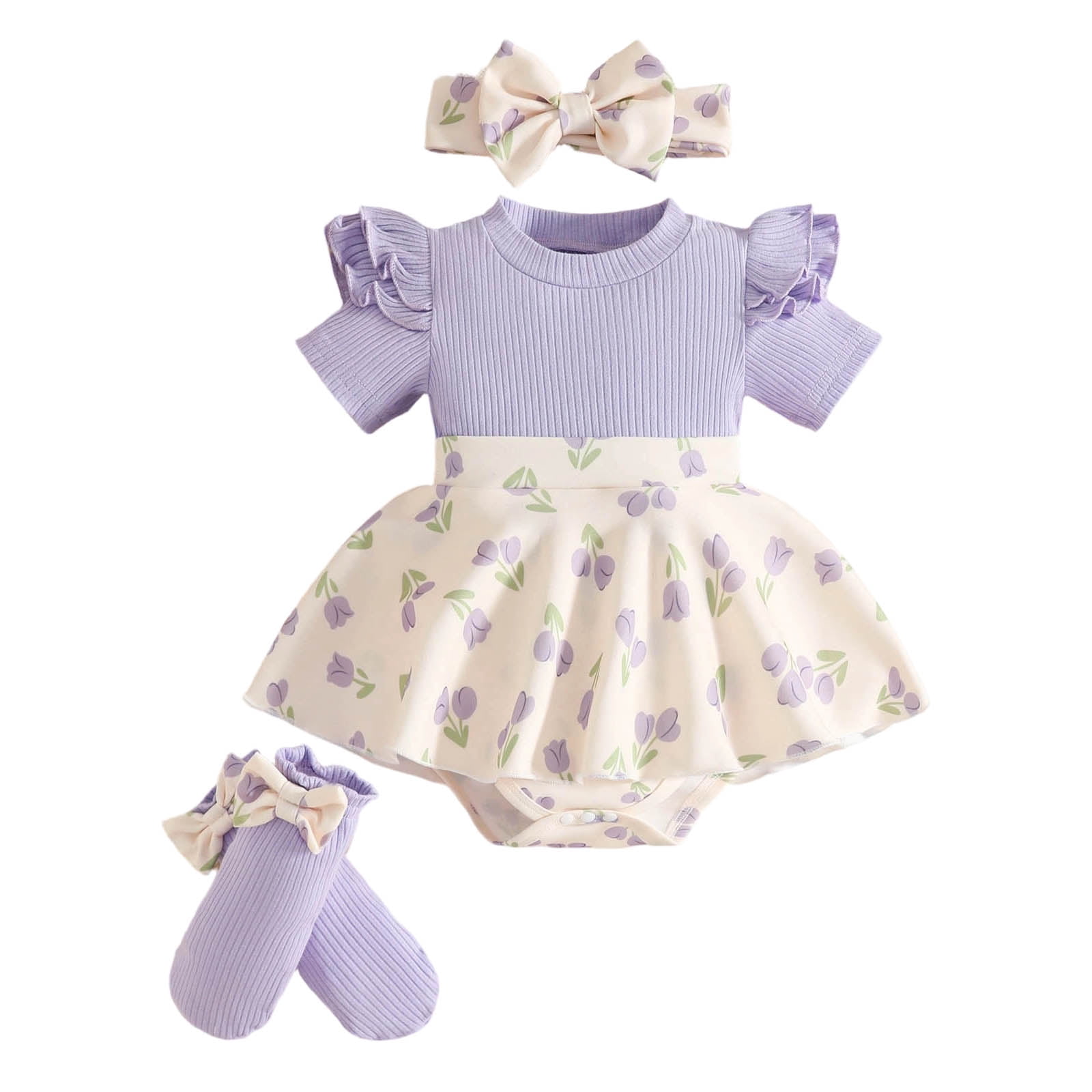 Faraee Baby Girl Summer Clothes Ruffle Romper Short Sleeve Bodysuit Bow Hairband Socks Newborn Infant Cute Outfits (6-9M,Purple)