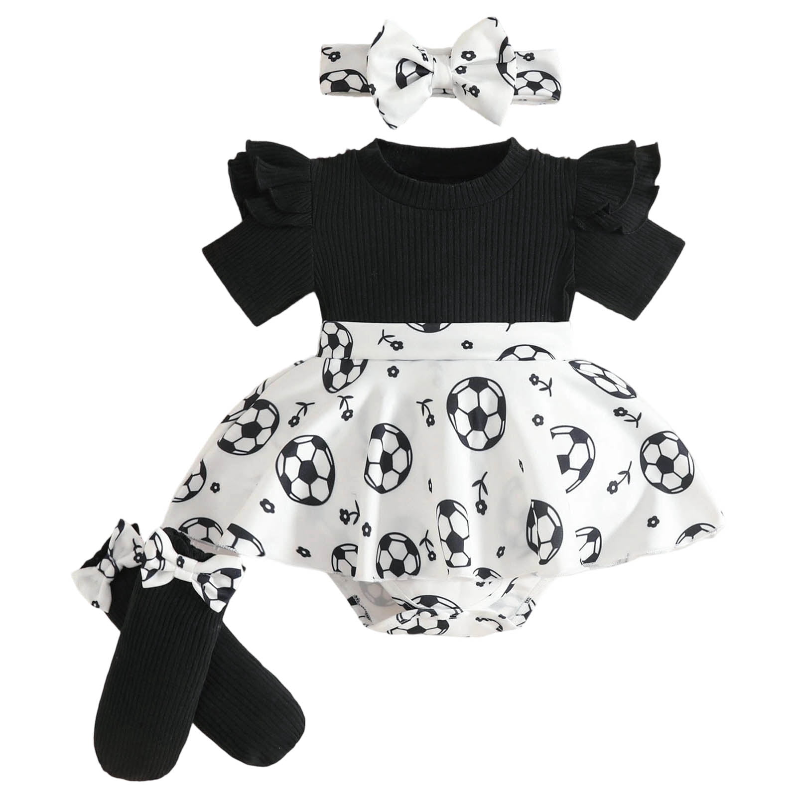 Faraee Baby Girl Summer Clothes Ruffle Romper Short Sleeve Bodysuit Bow Hairband Socks Newborn Infant Cute Outfits (9-12M,Black)