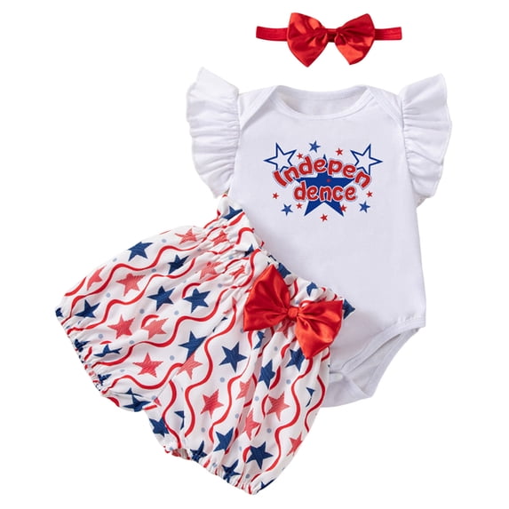 Faraee Baby Girls Summer Clothes 4th of July 3 Piece Outfit Ruffle Sleeveless Romper Bloomers Shorts Bow Headband Independence Day Set (1-3 M,Blue)