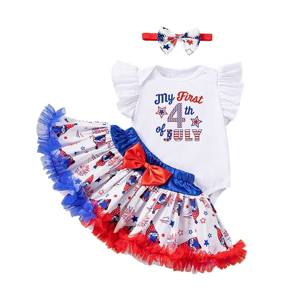 Faraee Baby Girls Summer Clothes 4th of July 3 Piece Outfit Ruffle Sleeveless Romper Bloomers Shorts Bow Headband Independence Day Set (12-18 M,Blue)