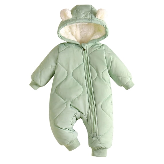Faraee Baby Simple Quilted Padded Winter Jumpsuit Unisex White Round Bear Ear Hooded Zip Up One Piece Romper Soft Lined Infant Snowsuit for Toddler Boys Girls Mild Cold Wear