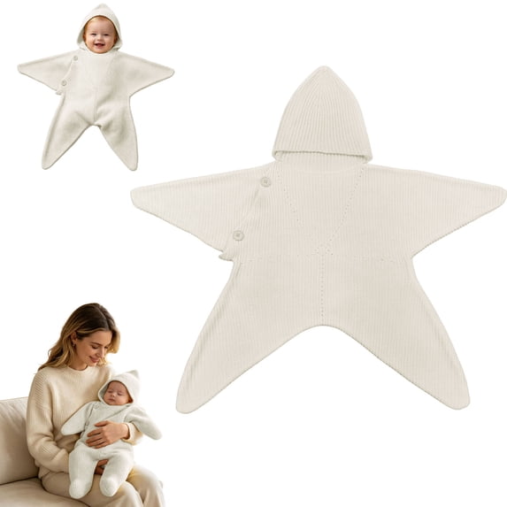 Faraee Baby Star Knit Swaddle Blanket Hooded Star Shape Sleeping Bag Button Closure Soft Crochet Knitted Wearable Wrap for Newborn Infant Boys Girls 0‑12M
