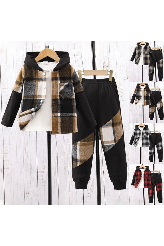 Boys 2 Pieces Sweatsuit Flannel Plaid Shirt Tops Hoodies Jacket Cargo Sweatpants Sets Kids Fall Winter Spring Outfits Size 2-7 Years