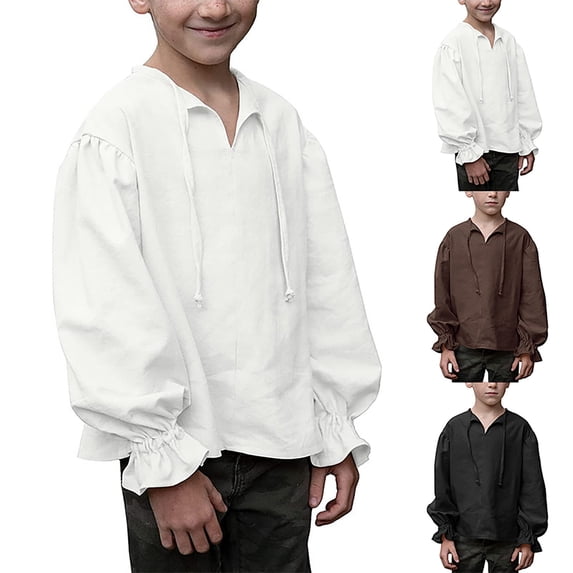 Faraee Boys Medieval Pirate Costume Kids Ruffled Long Sleeve Shirt Renaissance Lace up Scottish Jacobite Tops Fall Clothes Size 4-14 Years