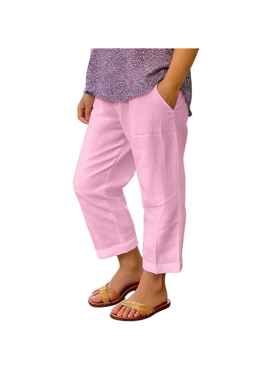 Boys Pull on Linen Pants Lightweight Summer Casual Beach Trousers Breathable Elastic Waist Wide Leg Outfit with Pocket 4t 5t 6t 4-15 Years Pink