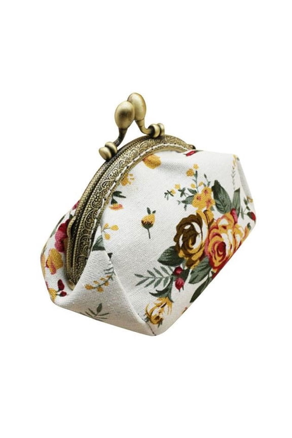 Canvas Floral Coin Purse Kiss Lock Change Wallet Vintage Trinkets Pouch Small Clasp Flower Clutch Purses