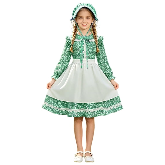 Faraee Toddler Girls Colonial Long Sleeve Prairie Dress Kids Party Outfit with Apron and Bonnet Size 5T-12 Years Green