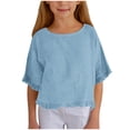 thumbnail image 1 of Faraee 3/4 Sleeve Cotton Linen Cropped Tops for Teen Girls Kids Ruffle Hem Crewneck Solid Blouses Summer Loose Shirt 5t 6t 7t 8t 5-15 Years Blue, 1 of 6
