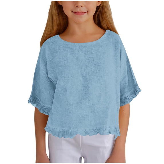Faraee 3/4 Sleeve Cotton Linen Cropped Tops for Teen Girls Kids Ruffle Hem Crewneck Solid Blouses Summer Loose Shirt 5t 6t 7t 8t 5-15 Years Blue