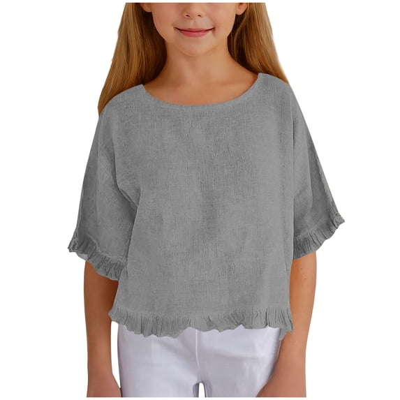 Faraee 3/4 Sleeve Cotton Linen Cropped Tops for Teen Girls Kids Ruffle Hem Crewneck Solid Blouses Summer Loose Shirt 5t 6t 7t 8t 5-15 Years Grey