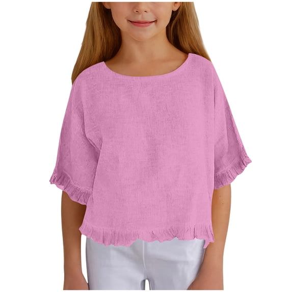 Faraee Cotton Linen Shirts for Girls 2026 3/4 Sleeve Ruffle Hem Oversized Blouse Kids Loose Fit Crewneck Tops for Summer Beach Vacation 5-15 Years Purple
