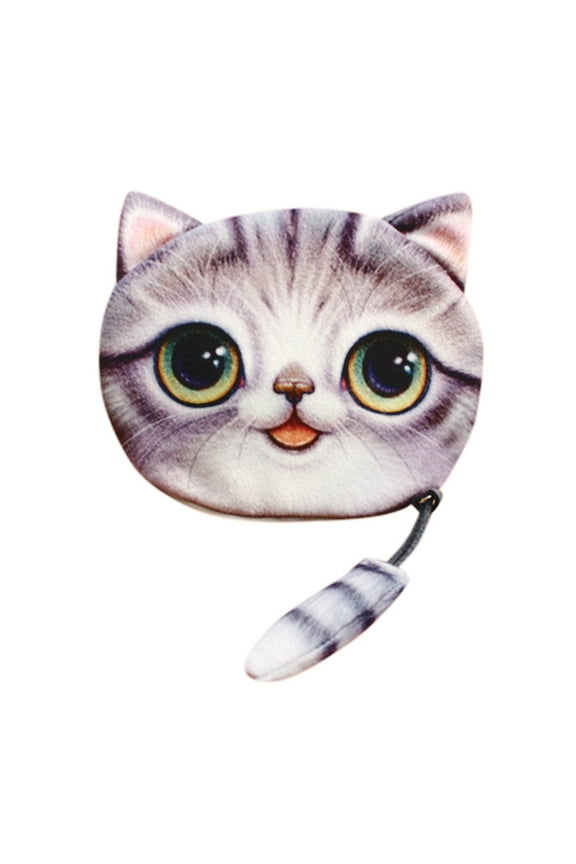 Cute Cat Coin Pocket for Women Animal Pet Money Charge Wallet Small Pouch with Zipper Grey