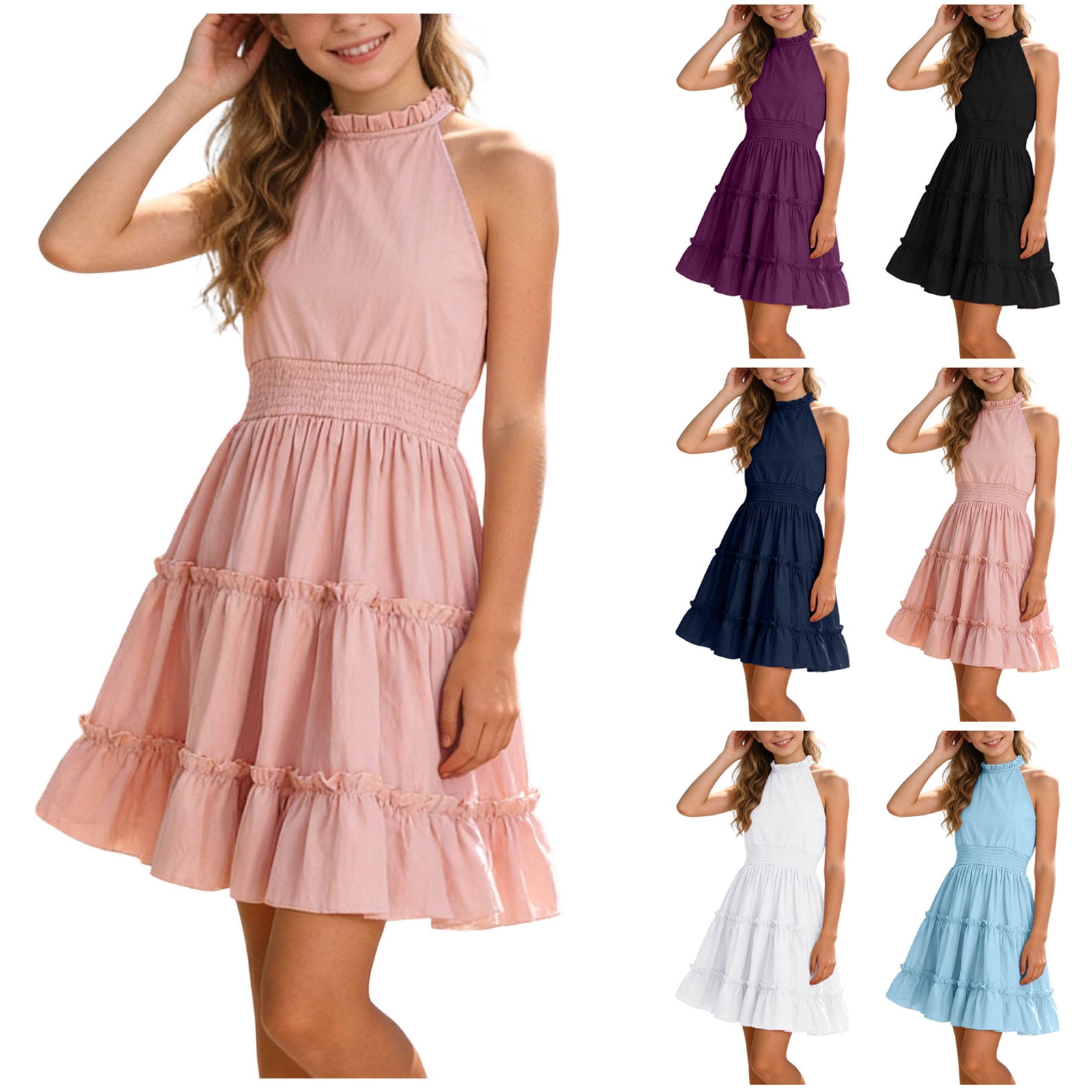 Faraee Girl's Halter Neck Sleeveless Summer Dress Smocked Waist A-line Sundress Tulle Mini Swing Pleated Skirt with 3 Layers Black 5-6 Years