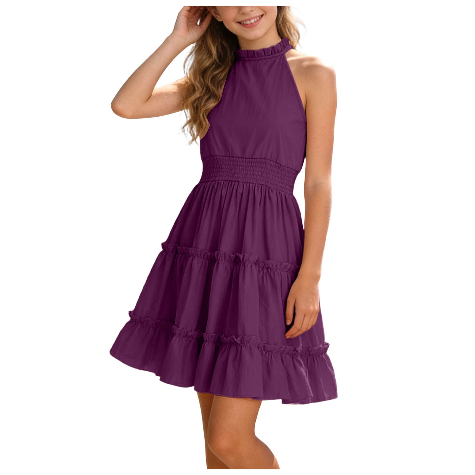 Faraee Girl's Halter Neck Sleeveless Summer Dress Smocked Waist A-line Sundress Tulle Mini Swing Pleated Skirt with 3 Layers Purple 6-7 Years