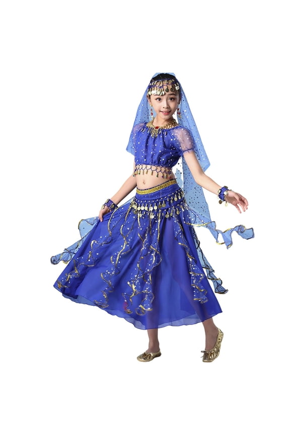 Girl's Vibrant Belly Dance Costume Set with Coin Belt for Little Kids Halloween Themed Parties and Cosplay (13-15T,Blue)