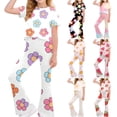 thumbnail image 1 of Faraee Girls 2 Piece Clothes Cute Floral Print Twist Front Short Sleeve Top and Bell Bottom Pants Set Kids Casual Summer Outfits 7-12 Years Beige, 1 of 7