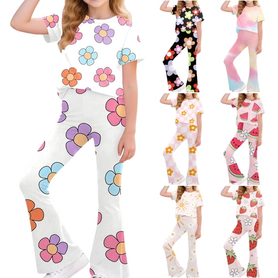 Faraee Girls 2 Piece Clothes Cute Floral Print Twist Front Short Sleeve Top and Bell Bottom Pants Set Kids Casual Summer Outfits 7-12 Years Beige