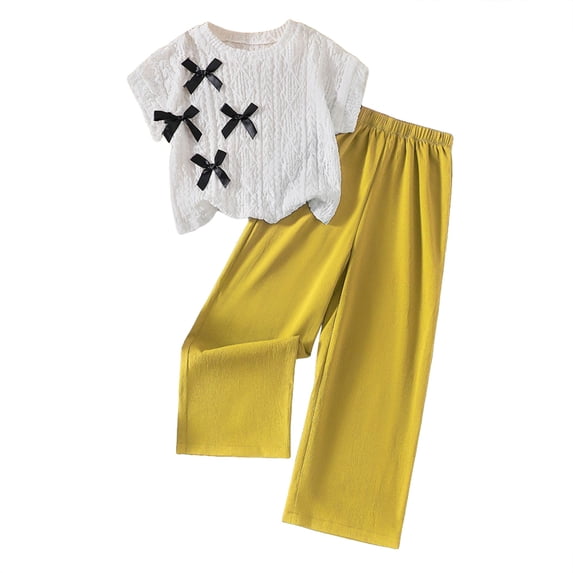 Faraee Girls 2 Piece Outfits Cotton Linen Summer Clothes Bow Short Sleeve Crewneck Tops Shirt Wide Leg Pants Clothing Sets 8-12 Years Yellow