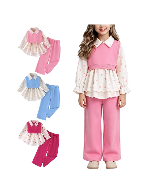 Girls 3 Piece Outfit Sleeveless Knit Vest Heart Print Collared Long Sleeve Shirt Wide Leg Pants 2t 3t 4t 5t 6t 7t Toddler Casual Clothing Set