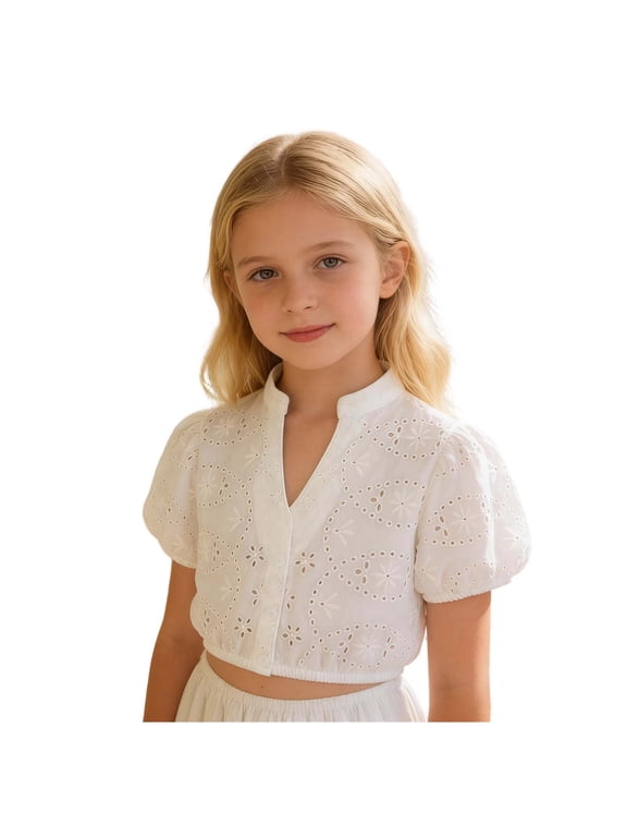 Girls Crop Blouse German Dirndl Shirt Bavarian Oktoberfest Costume Breathable Flutter Sleeve Collar Tops White 11-12 Years