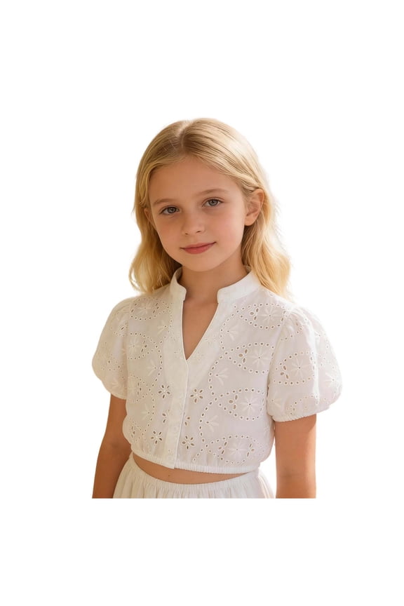 Girls Crop Blouse German Dirndl Shirt Bavarian Oktoberfest Costume Breathable Flutter Sleeve Collar Tops White 11-12 Years