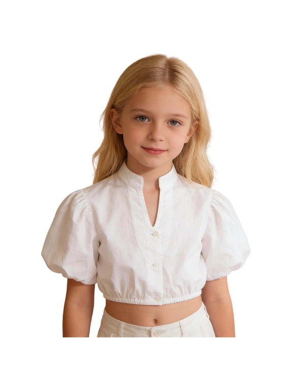 Girls Crop Blouse German Dirndl Shirt Bavarian Oktoberfest Costume Breathable Flutter Sleeve Collar Tops White 7-8 Years