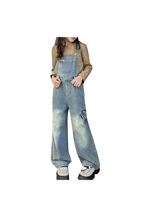 Girls Denim Overalls Kids Sleeveless Wide Leg Jumpsuit Bib Overall with Zipper Pockets Cargo Jeans Long Pants Dungarees Blue 11-12 Years