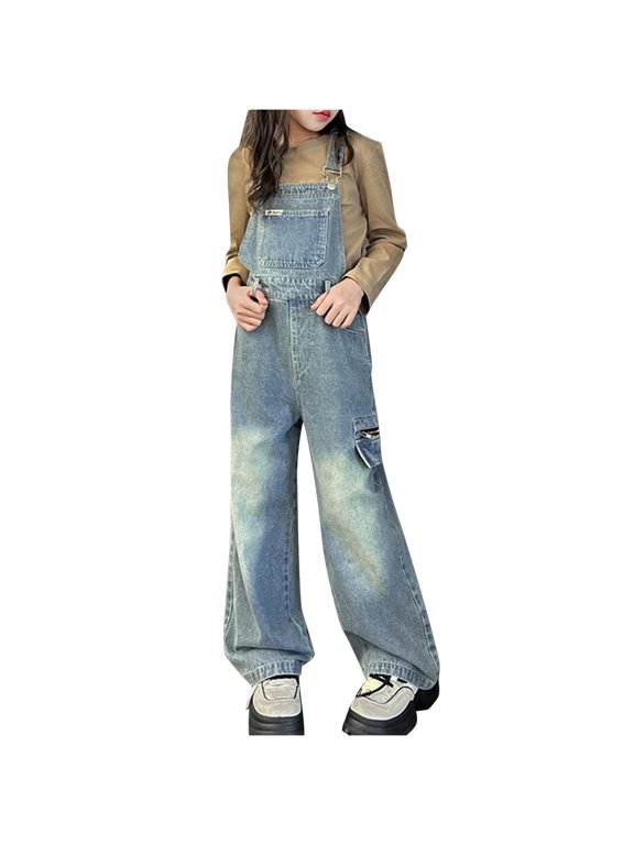 Girls Denim Overalls Kids Sleeveless Wide Leg Jumpsuit Bib Overall with Zipper Pockets Cargo Jeans Long Pants Dungarees Blue 15-16 Years