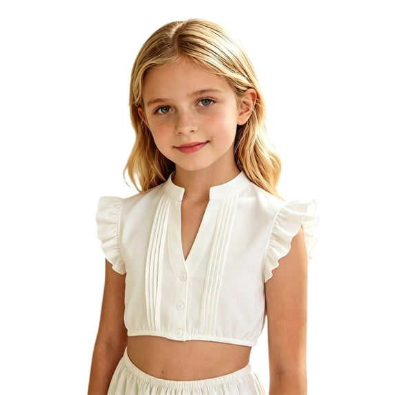 Faraee Girls Dirndl Blouse Flutter Short Sleeves Cropped Tops Button Front High Neck Traditional Shirt for Oktoberfest Beer Festival 7-14 Years White
