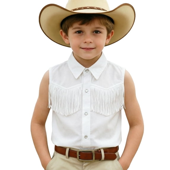Faraee Girls Fringe Western Shirt Pearl Snap Button Down Cowgirl Outfits Tassel Sleeveless Cowboy Vest Blouse Tops for Kids 9-10 Years White