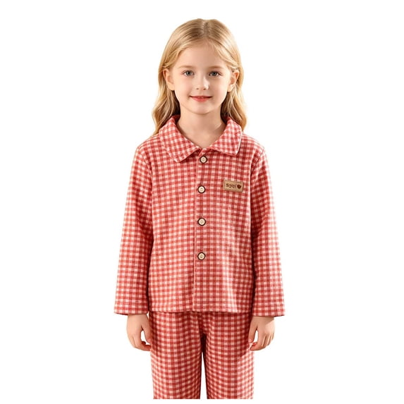 Faraee Girls Fuzzy Pajama Set 2 Piece Soft Plush Fleece Pjs Loungewear Long Sleeve Button Down Tops Pants Plaid Kids Sleepwear Fall Winter Clothes (Red,4-5 Years)
