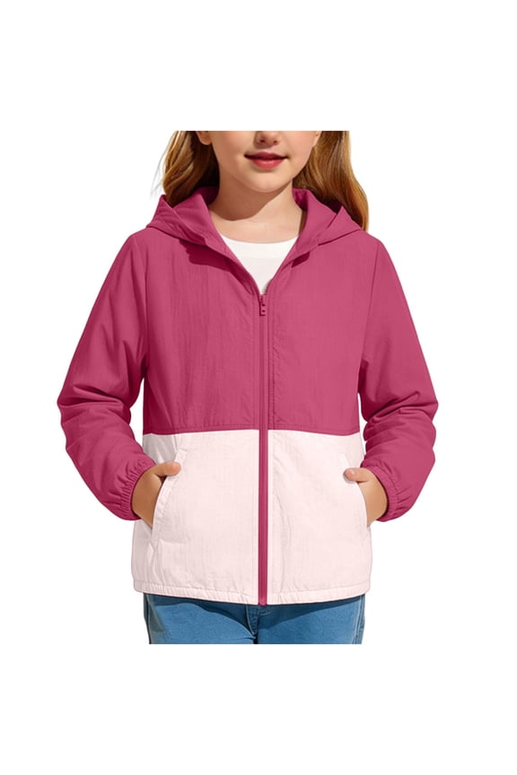 Girls Hooded Jacket Kids Lightweight Color Block Toddler Rain Coats with Pockets Packable Windbreaker Outerwear Size 5-16 Years Hot Pink