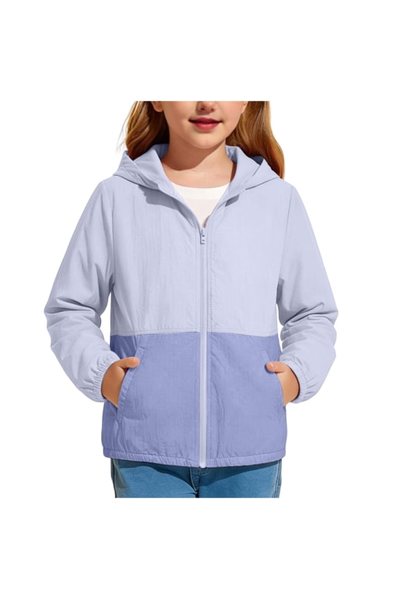 Girls Hooded Jacket Kids Lightweight Color Block Toddler Rain Coats with Pockets Packable Windbreaker Outerwear Size 5-16 Years Light Blue