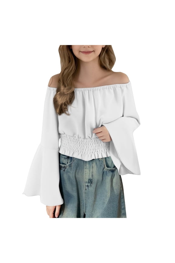 Girls Renaissance Blouses Vintage Peasant Off Shoulder Trumpet Sleeve Tops 2026 Summer Trendy Smocked Tunic Shirts 7-15 Years White