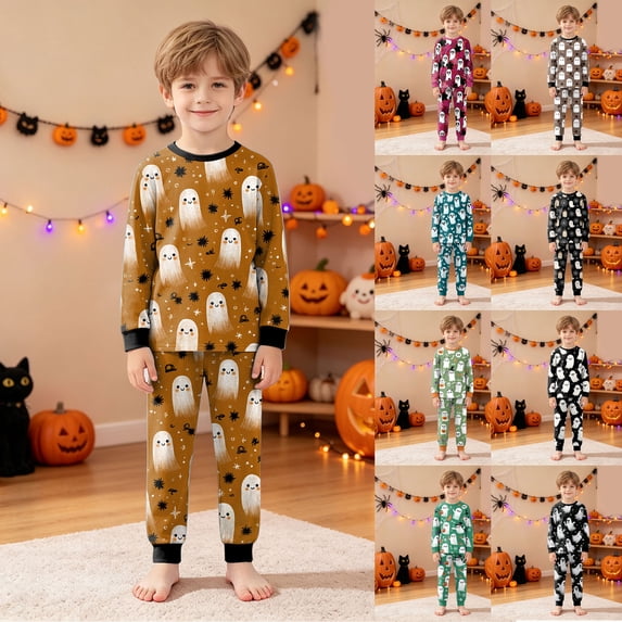 Faraee Halloween Pajamas for Kids Boys Girls Cute Ghost Pumpkin Print Long Sleeve Pants 2 Piece Sleepwear Set Size 2-9