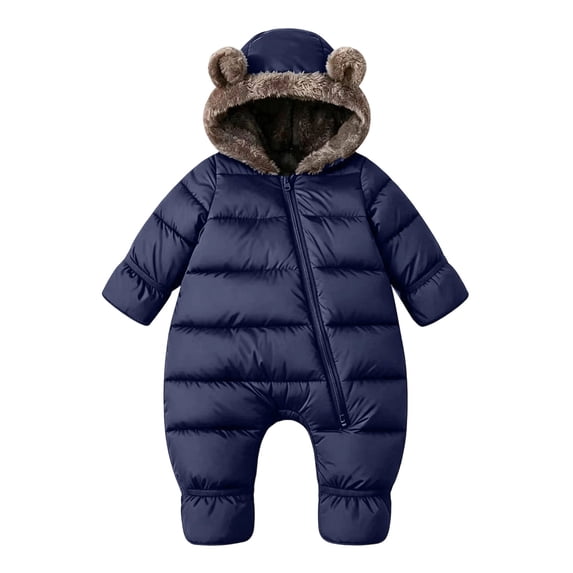 Faraee Infant Horizontal Quilted Footed Snowsuit Unisex Bear Ear Hooded Thick Fleece Lined Zip Up One Piece Winter Jumpsuit Warm Romper for Newborn Boys Girls Outdoor Cold Wear