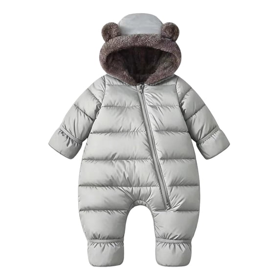 Faraee Infant Horizontal Quilted Footed Snowsuit Unisex Bear Ear Hooded Thick Fleece Lined Zip Up One Piece Winter Jumpsuit Warm Romper for Newborn Boys Girls Outdoor Cold Wear